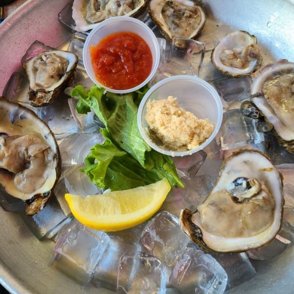 Fresh Keegan's oysters on ice with cocktail sauce, horseradish, lettuce, and a lemon wedge.